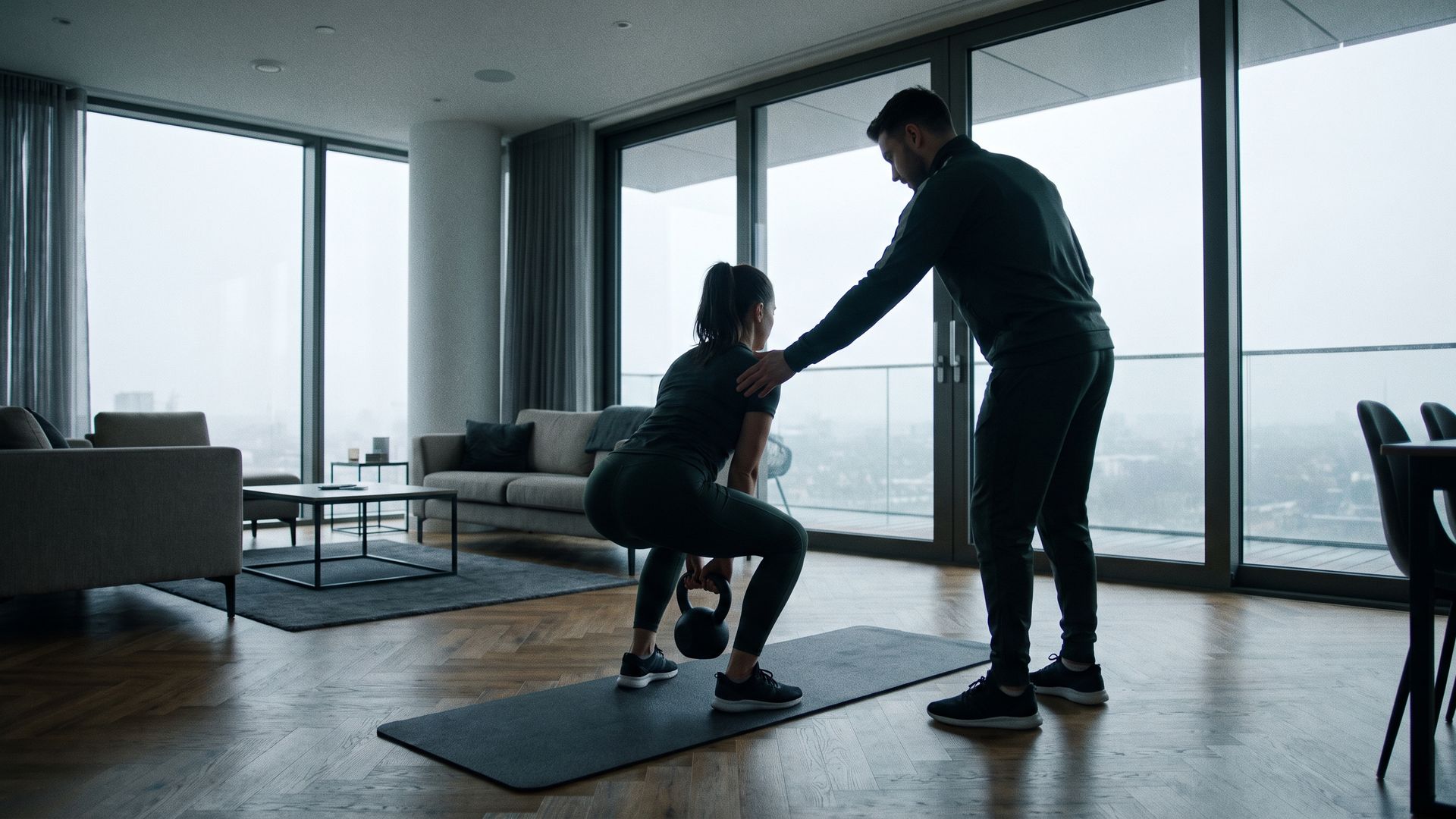 Personal-Training-Einheit im Wohnzimmer: Korrektur der Kniebeuge mit Kettlebell