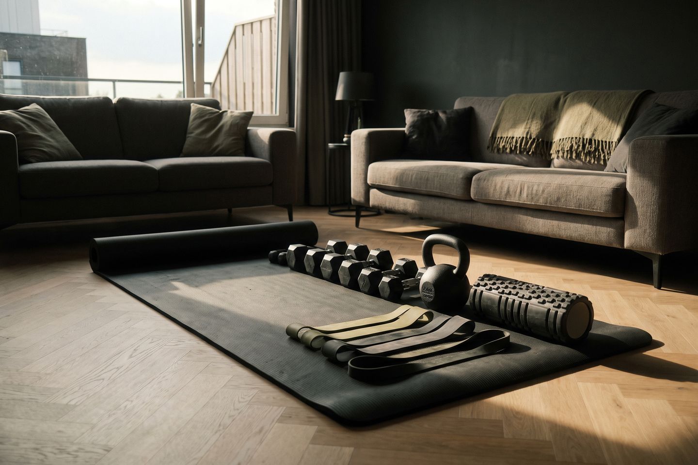 Trainingsmatte, Kurzhanteln, Kettlebell und Widerstandsbänder im Wohnzimmer