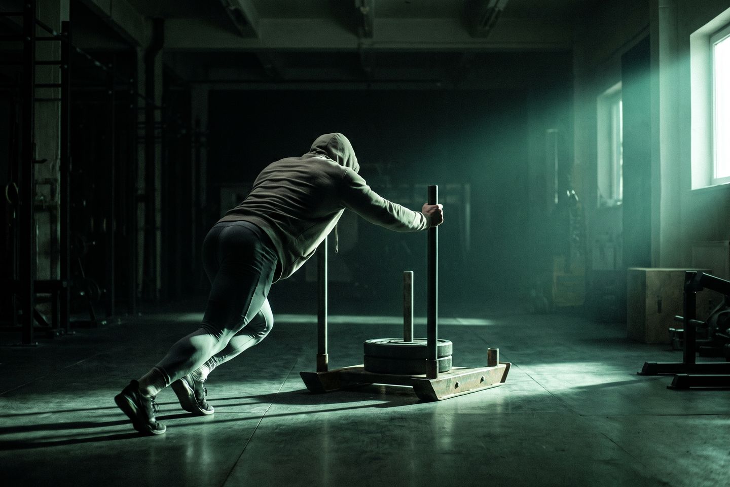 Athlet beim Sled Push in einer dunklen Trainingshalle